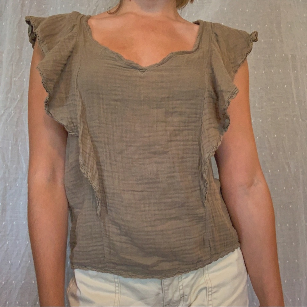 Michael Stars Olive Green Ruffled Blouse